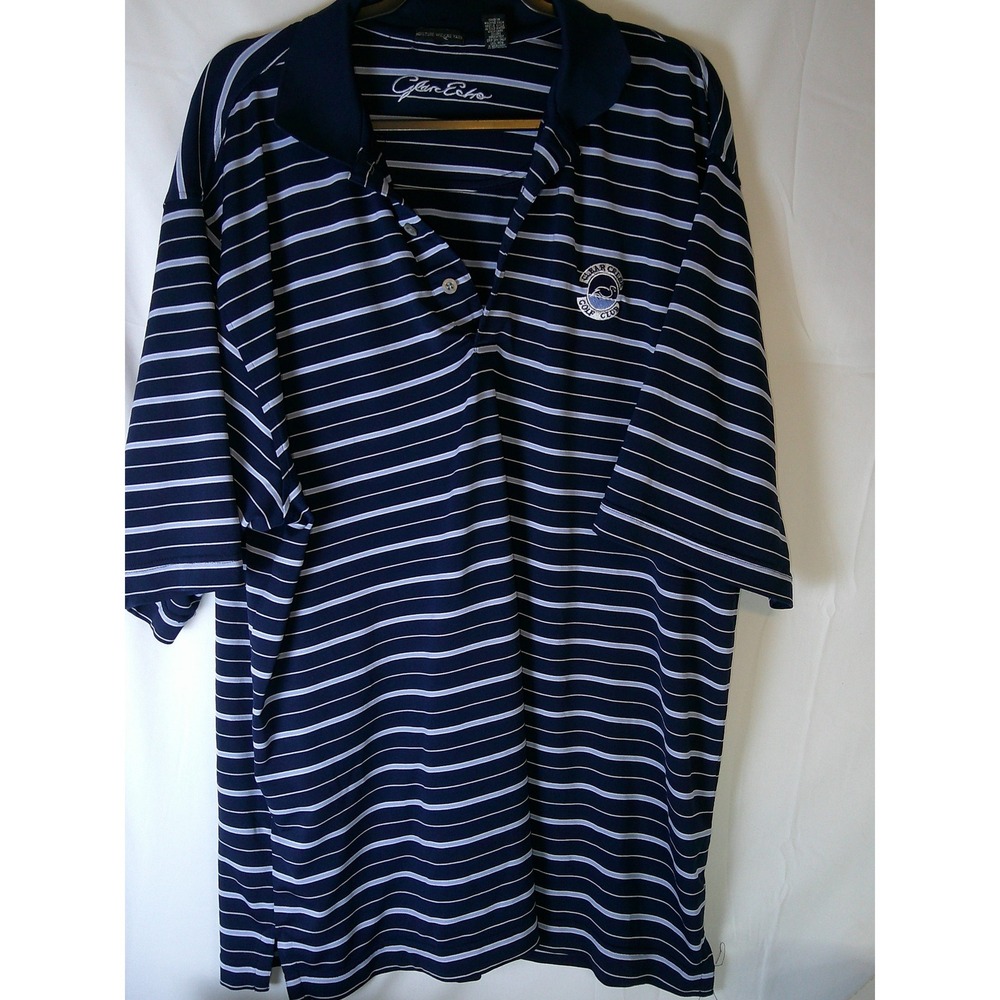 Glen Echo Mens Large Navy Blue Striped Clear Creek Golf‎ Club Performance Polo